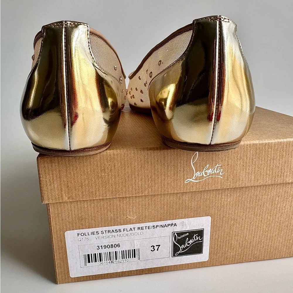 CHRISTIAN LOUBOUTIN Follies Strass Gold Crystal Pointed Toe Ballerina Flats 38 - Picture 10 of 16